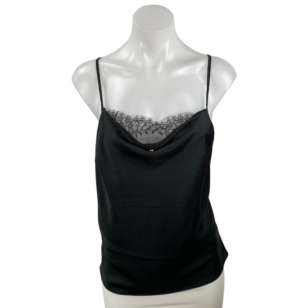 Lulus Women's Black Silky Satin Lace Trim Cowl Neck Sleeveless Cami Tank Top XL